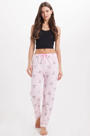 Kadın Regular Fit Klasik Kesim Viskon Beli Lastikli Fiyonk Detaylı Baskılı Pembe Pijama Altı