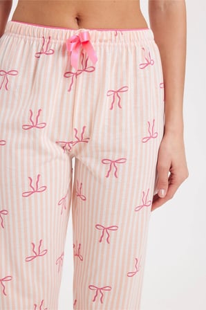 Kadın Regular Fit Klasik Kesim Viskon Beli Lastikli Fiyonk Detaylı Baskılı Turuncu Pijama Altı