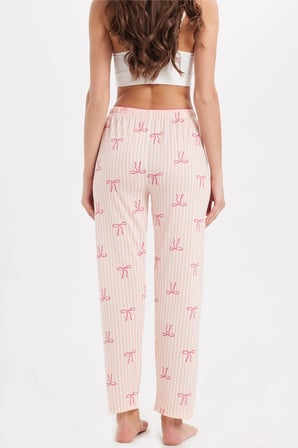 Kadın Regular Fit Klasik Kesim Viskon Beli Lastikli Fiyonk Detaylı Baskılı Turuncu Pijama Altı