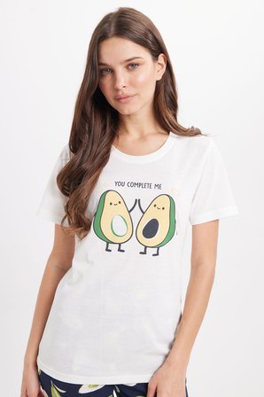Kadın Regular Fit Klasik Kesim Pamuklu Bisiklet Yaka Kısa Kollu Baskılı Beyaz Pijama Takımı