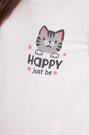 Kadın Regular Fit Klasik Kesim Pamuklu Bisiklet Yaka Kısa Kollu Baskılı Beyaz Pijama Takımı