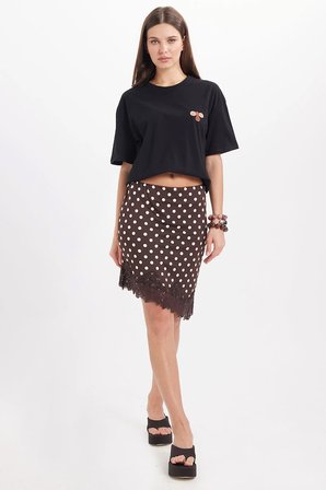 Kadın Slim Fit Dar Kesim Puantiyeli Dantel Detaylı Asimetrik Kahverengi Etek