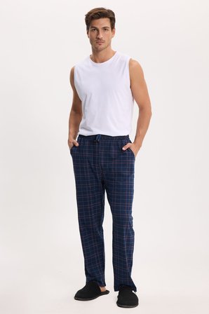 Erkek Standart Fit Normal Kesim Pamuklu Kareli Beli Bağcıklı Cepli  Lacivert Pijama Altı
