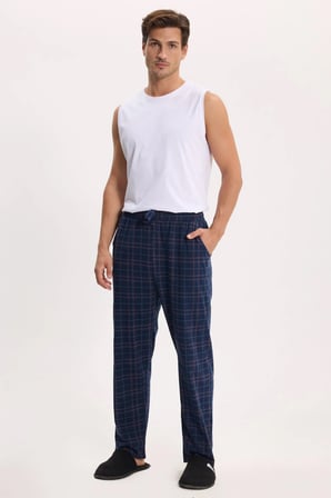 Erkek Standart Fit Normal Kesim Pamuklu Kareli Beli Bağcıklı Cepli  Lacivert Pijama Altı