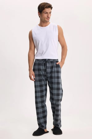 Erkek Standart Fit Normal Kesim Pamuklu Kareli Beli Bağcıklı Cepli Gri Pijama Altı