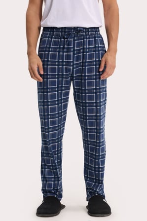 Erkek Standart Fit Normal Kesim Pamuklu Kareli Beli Bağcıklı Cepli  Lacivert Pijama Altı