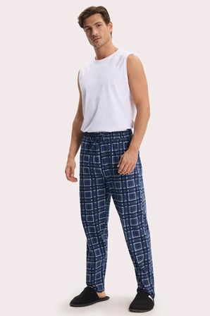 Erkek Standart Fit Normal Kesim Pamuklu Kareli Beli Bağcıklı Cepli  Lacivert Pijama Altı