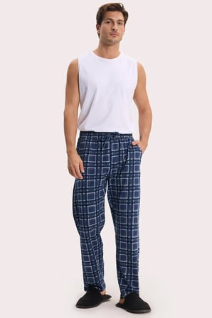 Erkek Standart Fit Normal Kesim Pamuklu Kareli Beli Bağcıklı Cepli  Lacivert Pijama Altı