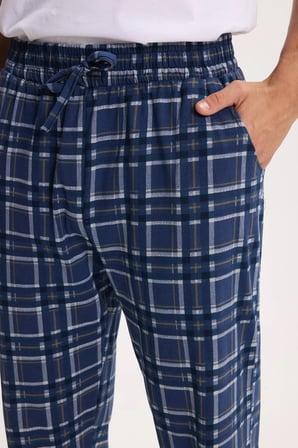 Erkek Standart Fit Normal Kesim Pamuklu Kareli Beli Bağcıklı Cepli  Lacivert Pijama Altı