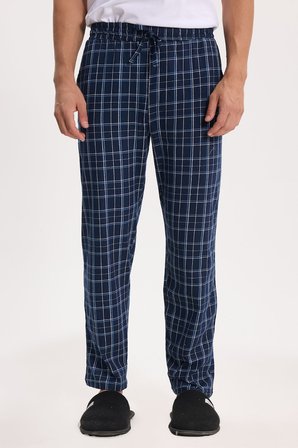 Erkek Standart Fit Normal Kesim Pamuklu Kareli Beli Bağcıklı Cepli  Lacivert Pijama Altı