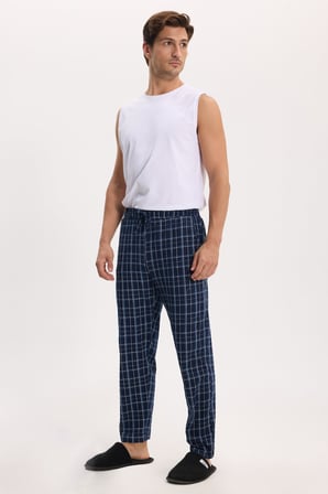 Erkek Standart Fit Normal Kesim Pamuklu Kareli Beli Bağcıklı Cepli  Lacivert Pijama Altı
