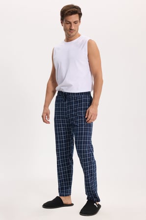 Erkek Standart Fit Normal Kesim Pamuklu Kareli Beli Bağcıklı Cepli  Lacivert Pijama Altı
