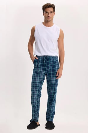 Erkek Standart Fit Normal Kesim Pamuklu Kareli Beli Bağcıklı Cepli  Lacivert Pijama Altı