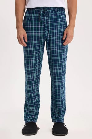 Erkek Standart Fit Normal Kesim Pamuklu Kareli Beli Bağcıklı Cepli  Lacivert Pijama Altı