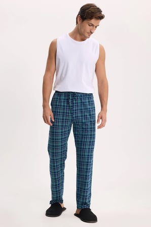 Erkek Standart Fit Normal Kesim Pamuklu Kareli Beli Bağcıklı Cepli  Lacivert Pijama Altı