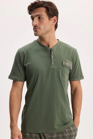 Erkek Standart Fit Normal Kesim Pamuklu Kısa Kollu Bisiklet Yaka Cepli Yeşil Pijama Takımı