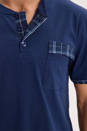 Erkek Standart Fit Normal Kesim Pamuklu Kısa Kollu Bisiklet Yaka Cepli Lacivert Pijama Takımı