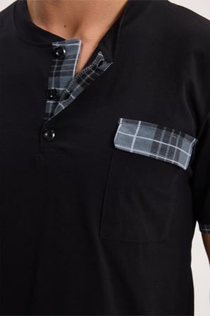 Erkek Standart Fit Normal Kesim Pamuklu Kısa Kollu Bisiklet Yaka Cepli Siyah Pijama Takımı