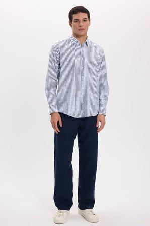 Erkek Regular Fit Rahat Kesim %100 Pamuk Çizgili Keten Efektli Gri Gömlek