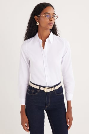 Kadın 2'li Paket Beyaz Slim Fit Dar Kesim Uzun Kollu Pamuklu Vücuda Oturan Dokulu Basic Gömlek