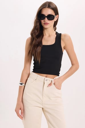 Kadın Slim Fit Dar Kesim Kalın Askılı Kare Yaka Siyah Atlet Bluz