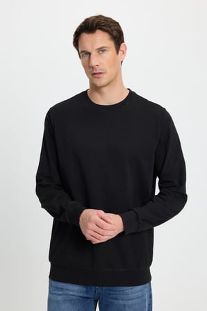 Erkek Relax Fit Rahat Kesim %100 Pamuk 2 İplik Bisiklet Yaka Siyah Sweatshirt
