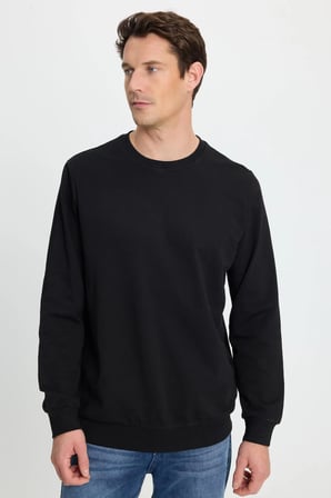 Erkek Relax Fit Rahat Kesim %100 Pamuk 2 İplik Bisiklet Yaka Siyah Sweatshirt