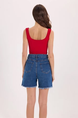 Kadın Slim Fit Dar Kesim Askılı Kare Yaka Sırtı Açık Sandy Kumaş Çıtçıtlı Bordo Body