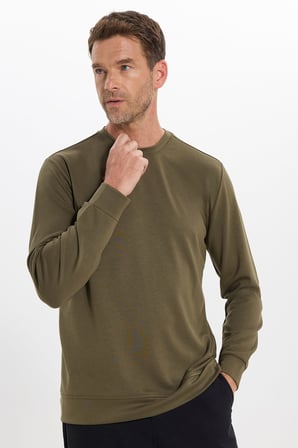 Erkek Standart Fit Normal Kesim Uzun Kollu Ekstra Soft Modal Kumaş Bisiklet Yaka Haki Sweatshirt