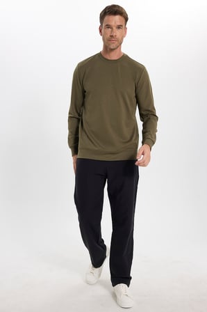 Erkek Standart Fit Normal Kesim Uzun Kollu Ekstra Soft Modal Kumaş Bisiklet Yaka Haki Sweatshirt