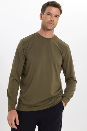 Erkek Standart Fit Normal Kesim Uzun Kollu Ekstra Soft Modal Kumaş Bisiklet Yaka Haki Sweatshirt