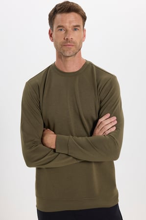 Erkek Standart Fit Normal Kesim Uzun Kollu Ekstra Soft Modal Kumaş Bisiklet Yaka Haki Sweatshirt