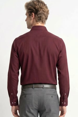 Erkek Regular Fit Klasik Kesim Pamuklu Kolay Ütü Armürlü Bordo Gömlek
