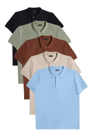 Erkek 5'li Paket Siyah-Yeşil-Kahverengi-Mavi-Vizon Slim Fit Dar Kesim Pamuklu Düz Pike Polo Yaka Tişört