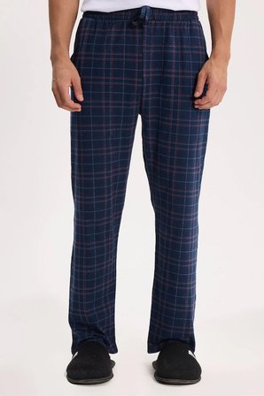 Erkek Standart Fit Normal Kesim Pamuklu Kareli Beli Bağcıklı Cepli  Lacivert Pijama Altı