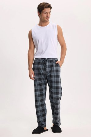 Erkek Standart Fit Normal Kesim Pamuklu Kareli Beli Bağcıklı Cepli Gri Pijama Altı