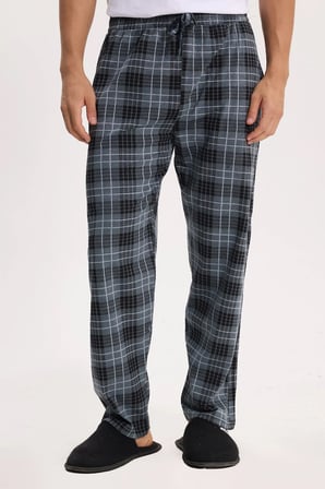 Erkek Standart Fit Normal Kesim Pamuklu Kareli Beli Bağcıklı Cepli Gri Pijama Altı