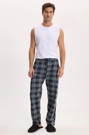 Erkek Standart Fit Normal Kesim Pamuklu Kareli Beli Bağcıklı Cepli Gri Pijama Altı