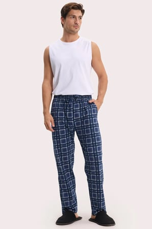 Erkek Standart Fit Normal Kesim Pamuklu Kareli Beli Bağcıklı Cepli  Lacivert Pijama Altı