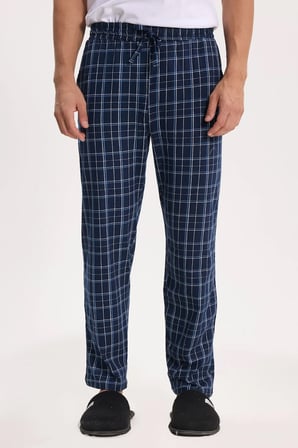 Erkek Standart Fit Normal Kesim Pamuklu Kareli Beli Bağcıklı Cepli  Lacivert Pijama Altı