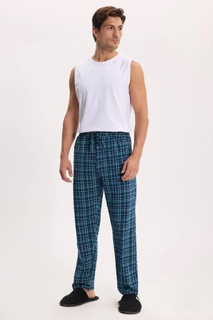 Erkek Standart Fit Normal Kesim Pamuklu Kareli Beli Bağcıklı Cepli  Lacivert Pijama Altı
