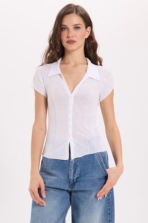 Kadın Slim Fit Dar Kesim Kısa Kollu Gömlek Yaka Beyaz Gömlek