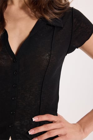 Kadın Slim Fit Dar Kesim Kısa Kollu Gömlek Yaka Siyah Gömlek