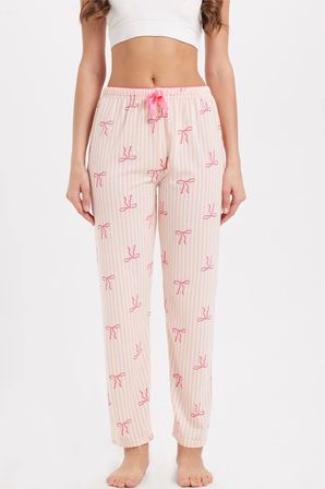 Kadın Regular Fit Klasik Kesim Viskon Beli Lastikli Fiyonk Detaylı Baskılı Turuncu Pijama Altı