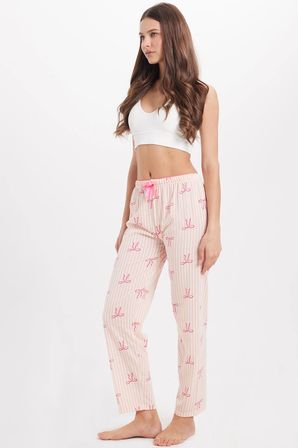 Kadın Regular Fit Klasik Kesim Viskon Beli Lastikli Fiyonk Detaylı Baskılı Turuncu Pijama Altı
