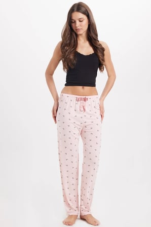 Kadın Regular Fit Klasik Kesim Viskon Beli Lastikli Fiyonk Detaylı Baskılı Pembe Pijama Altı