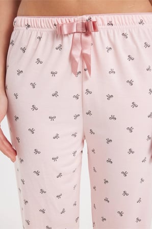 Kadın Regular Fit Klasik Kesim Viskon Beli Lastikli Fiyonk Detaylı Baskılı Pembe Pijama Altı