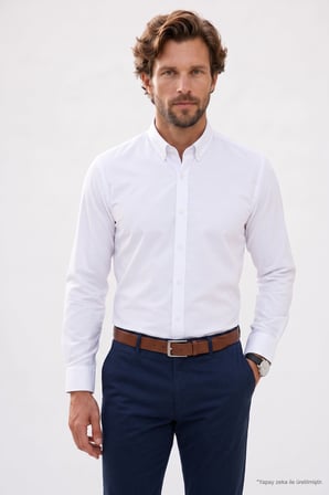 Regular Fit Rahat Kesim Oxford Doku Uzun Kollu Düğmeli Yaka Pamuklu Beyaz Erkek Gömlek