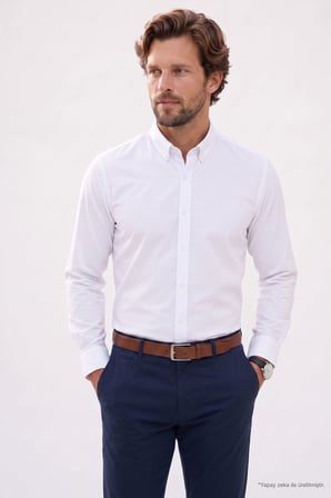 Regular Fit Rahat Kesim Oxford Doku Uzun Kollu Düğmeli Yaka Pamuklu Beyaz Erkek Gömlek