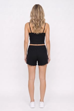 Kadın Slim Fit Dar Kesim Fitilli V Yaka Siyah Askılı Bluz ve Beli Bağlamalı Siyah Şort Takım